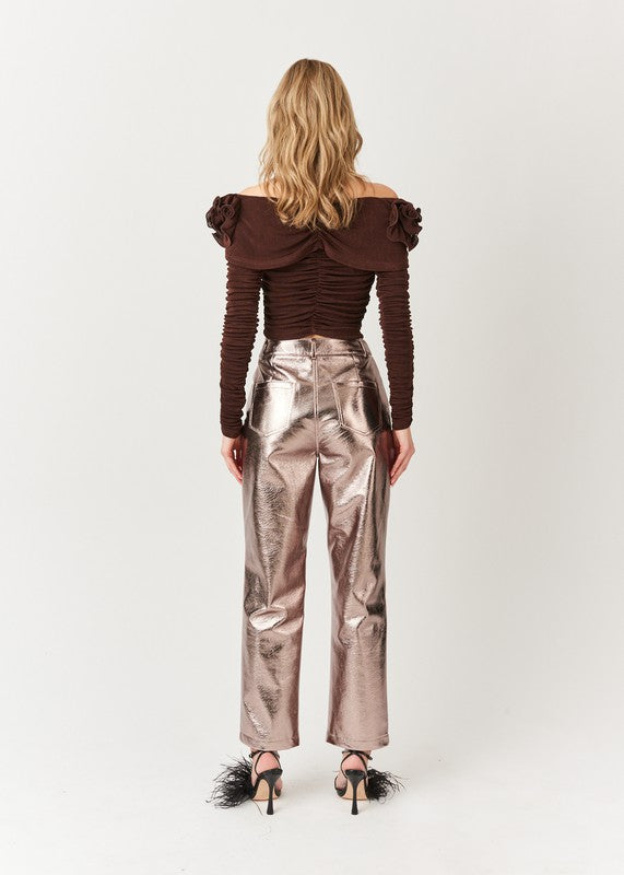 Pantalones Straight Faux Leather Metallic