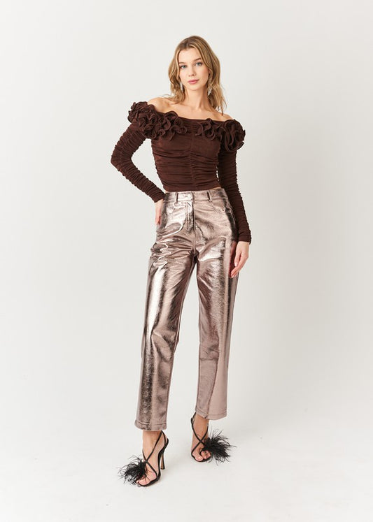 Pantalones Straight Faux Leather Metallic