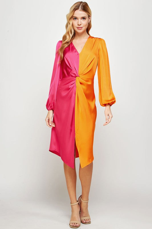 Vestido color block de satin