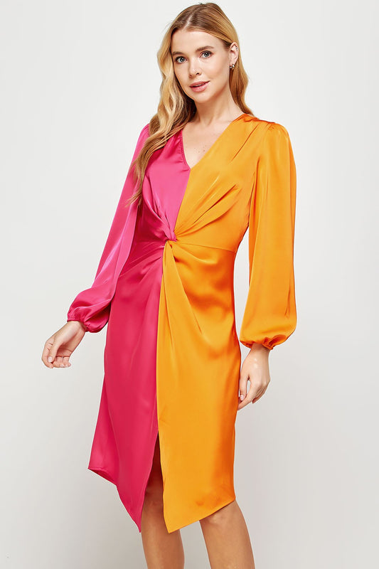 Vestido color block de satin