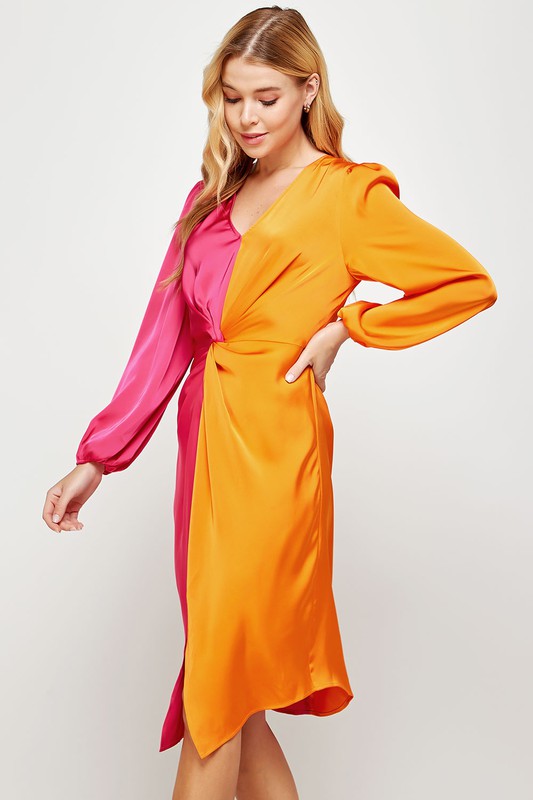 Vestido color block de satin